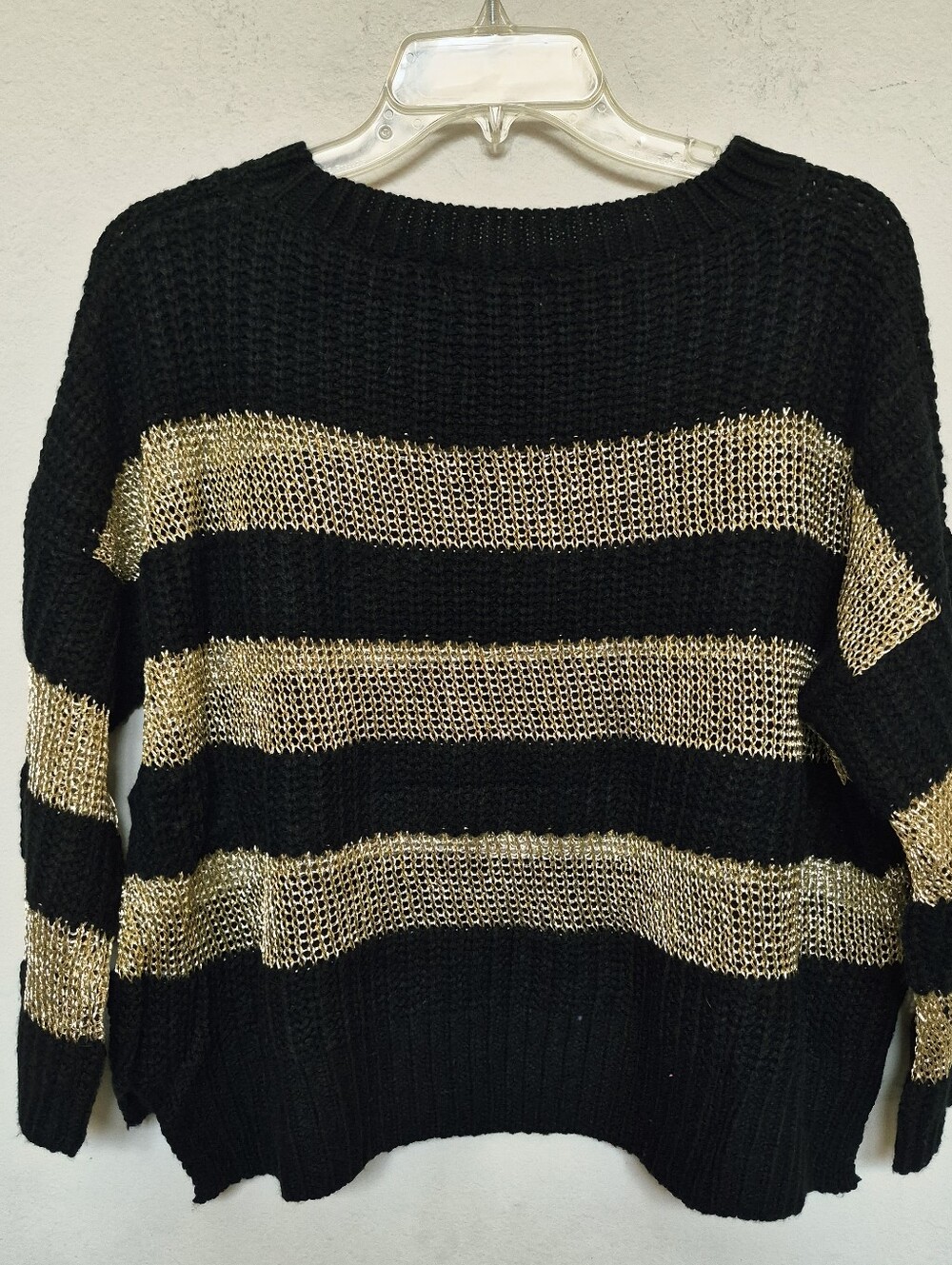 POL Anthropologie Black Pullover/Sweater with Gold Metallic Stripes Size Medium.